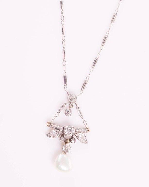 1870s Victorian 14K White Gold, Pearl & Diamond Dragonfly Necklace
