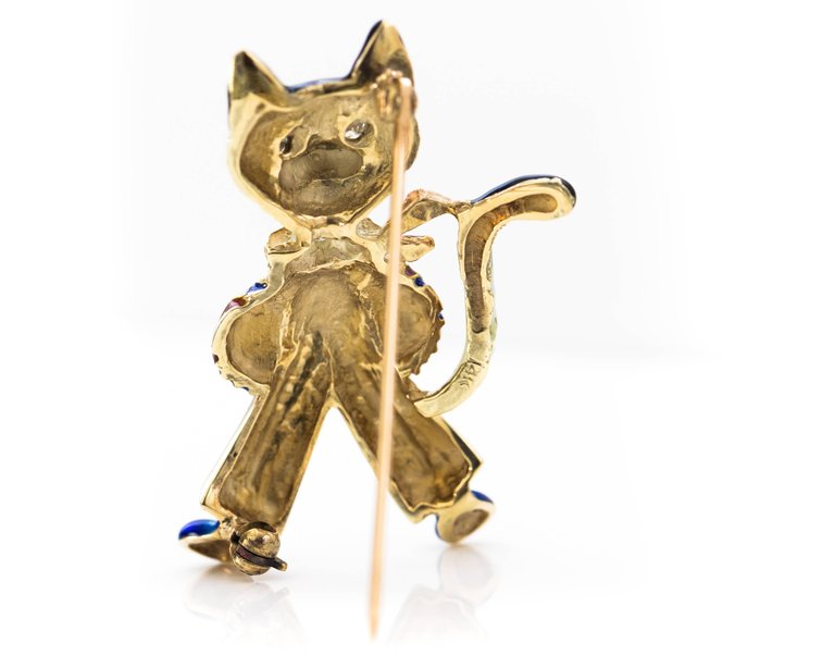 1950s 14K Yellow Gold, Enamel & Diamond Cat Pin