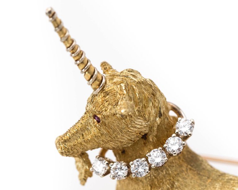 1970s Tiffany & Co 18K Yellow Gold, Diamond & Ruby Unicorn Pin