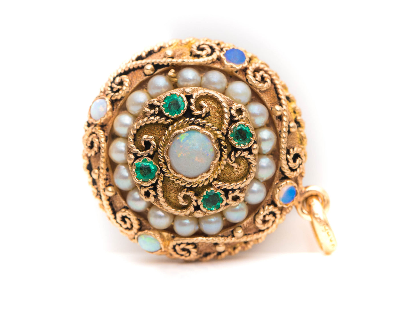 1940s 14K Yellow Gold, Opal, Pearl & Emerald Pendant