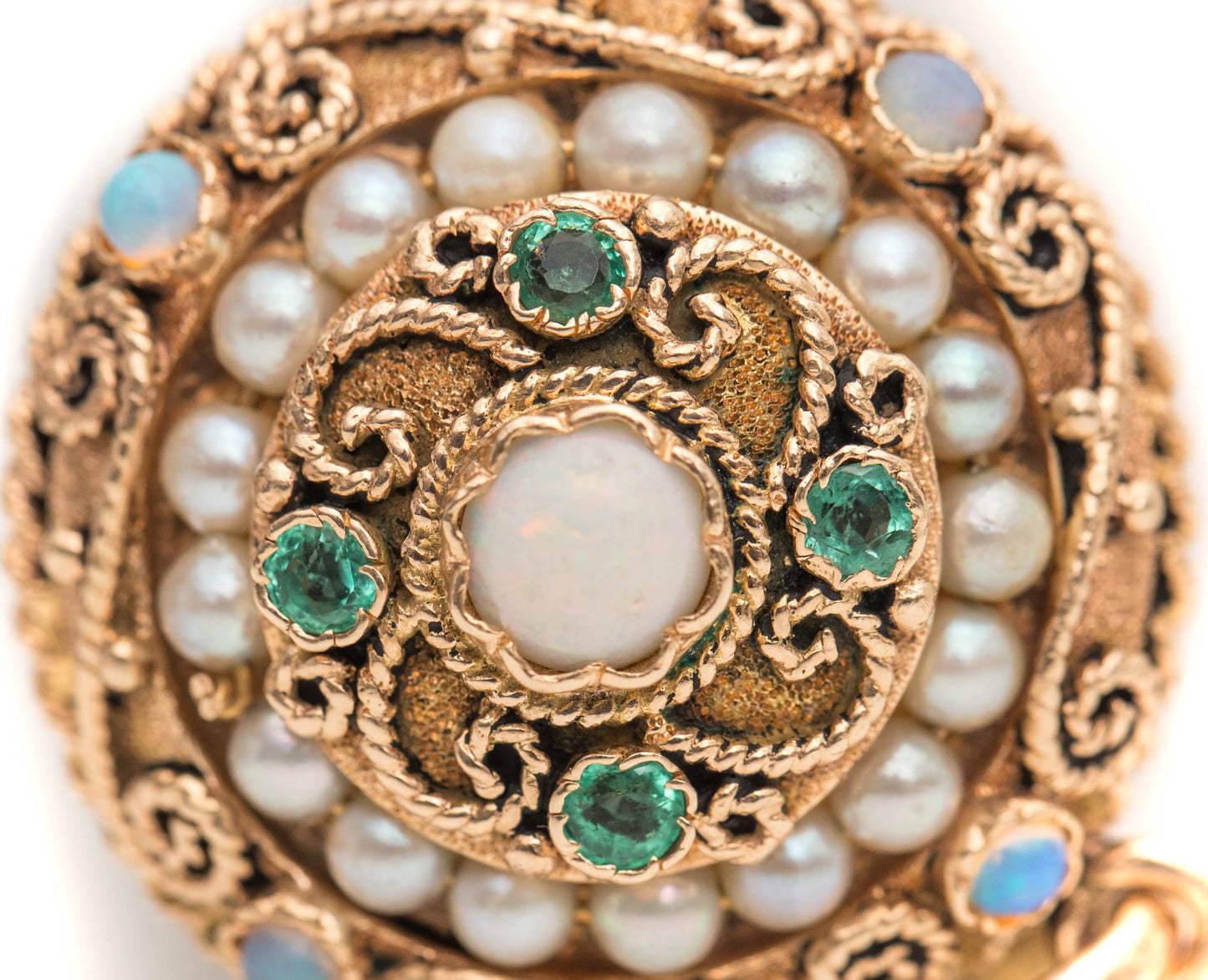 1940s 14K Yellow Gold, Opal, Pearl & Emerald Pendant