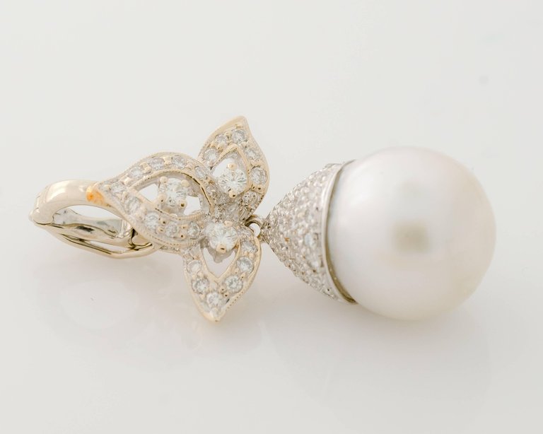 1980s 14K White Gold, Pearl & Diamond Pendant