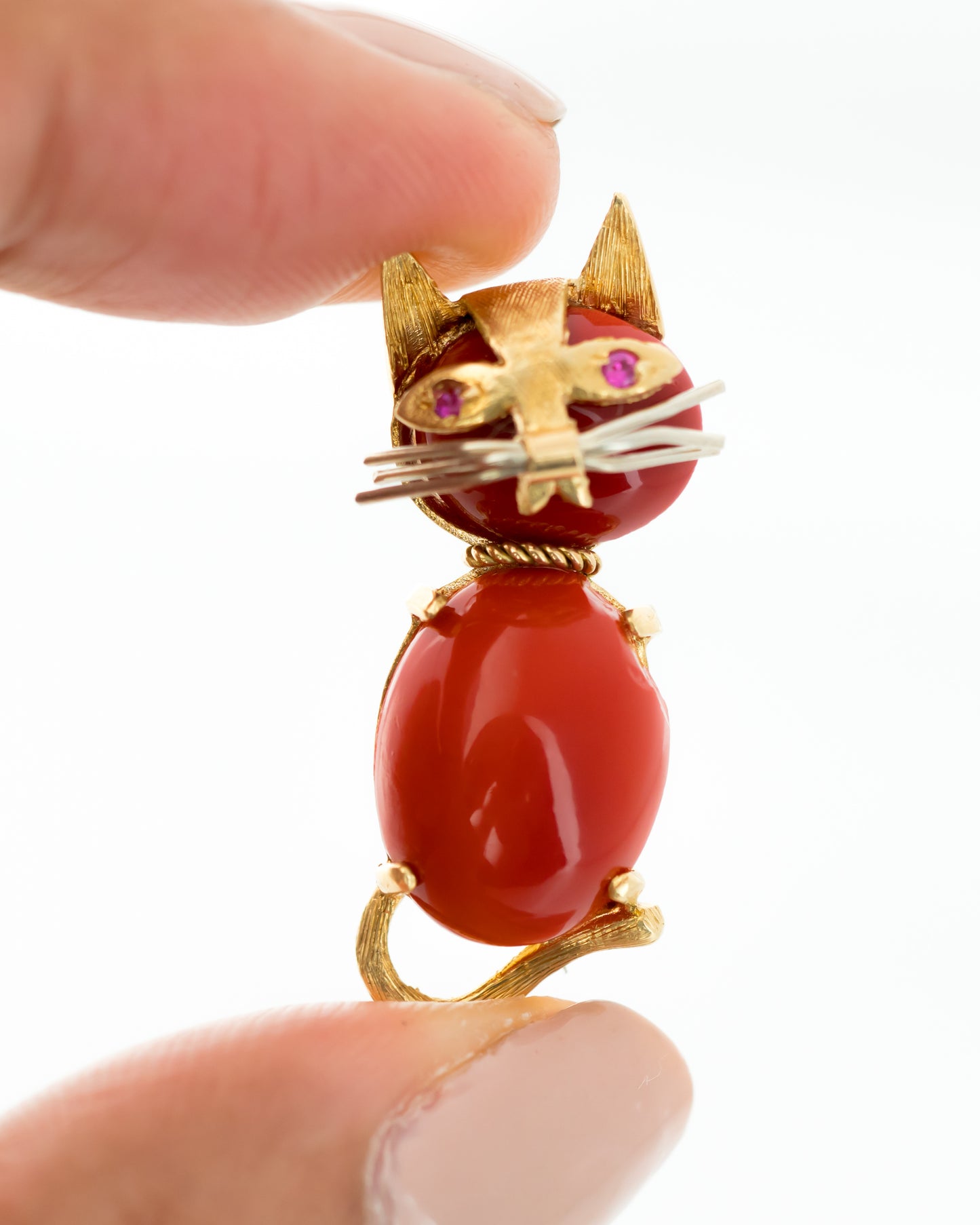 1960s 18K Gold, Coral, Ruby Cat Pin