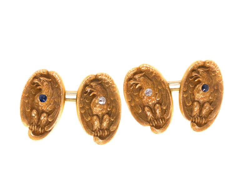 1860s Victorian 14k Gold, Diamond, Sapphire Cufflinks