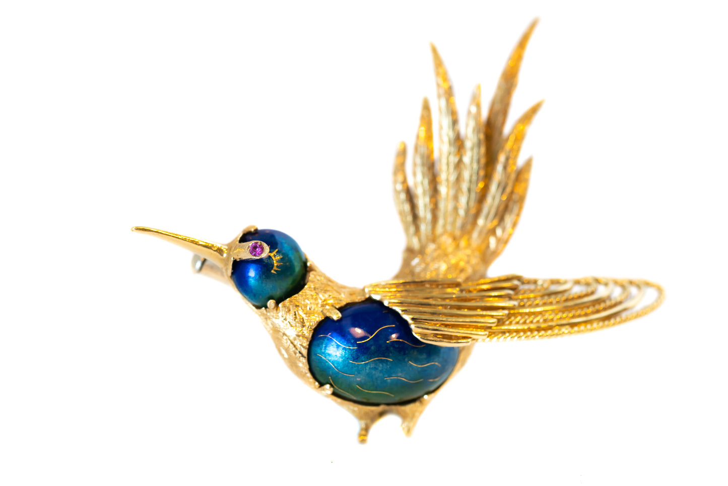 18k Yellow Gold Enamel Hummingbird Pin