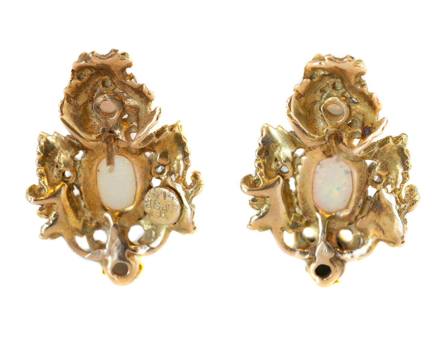 14k Yellow Gold, Opal, Diamond Earrings