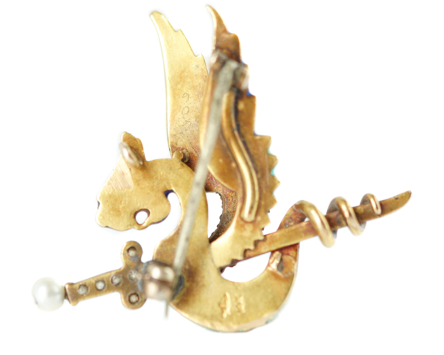 Victorian Dragon 14k Yellow Gold Enamel Pin / Pendant