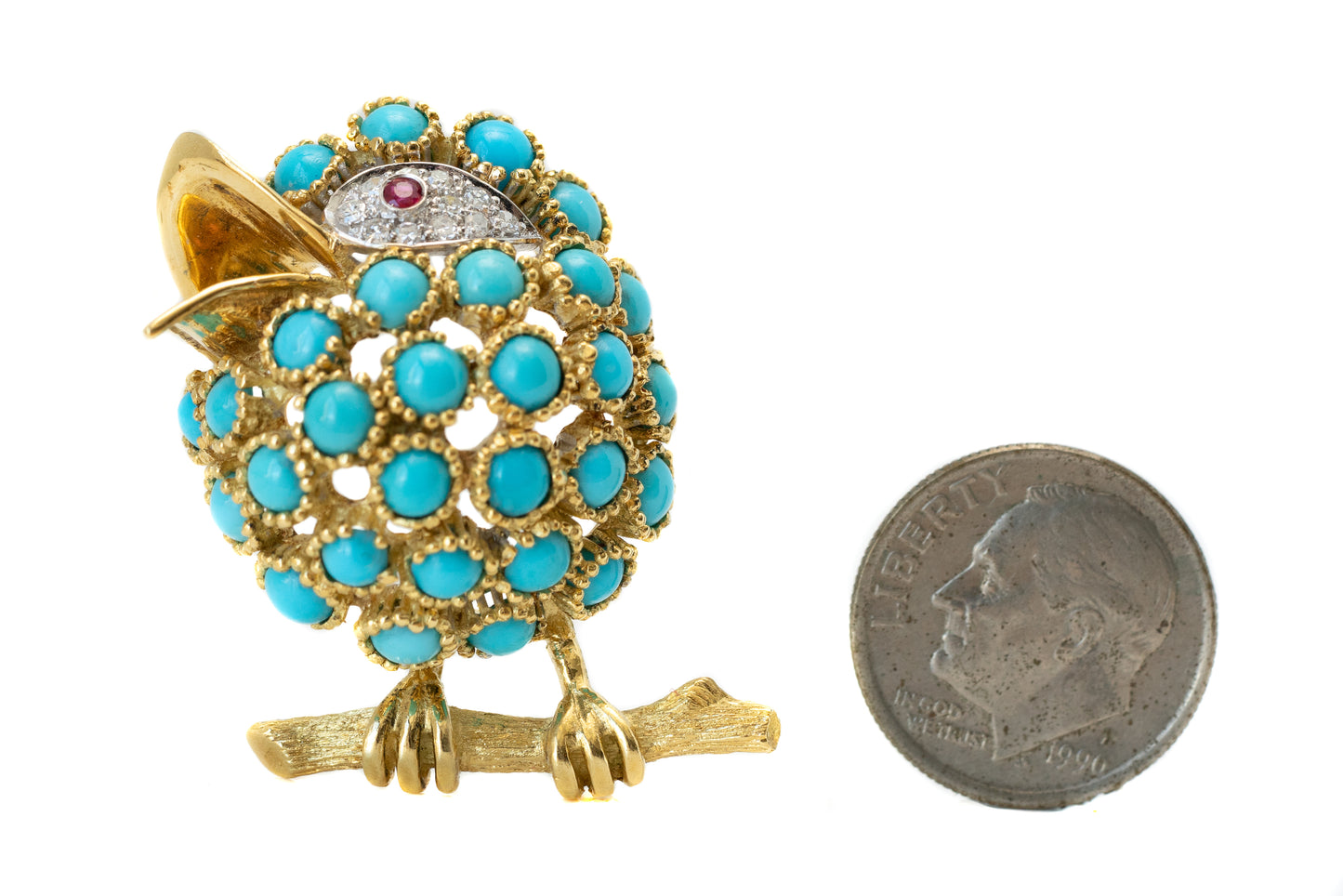 18k Gold & Turquoise Bird Brooch