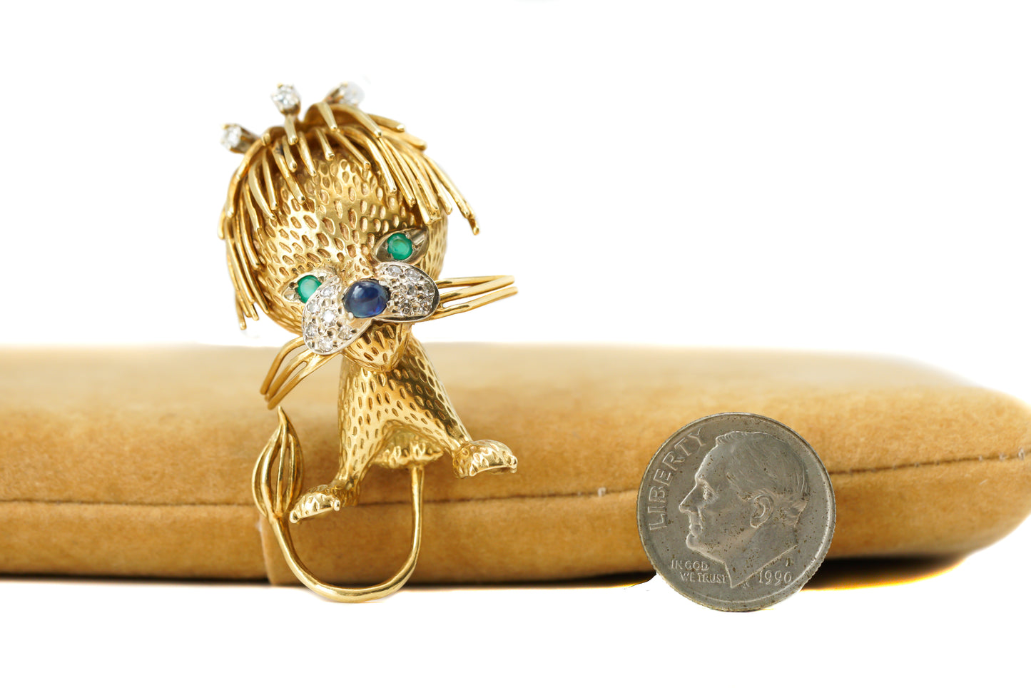 18k Gold Lion Brooch with Diamonds Emeralds Sapphires