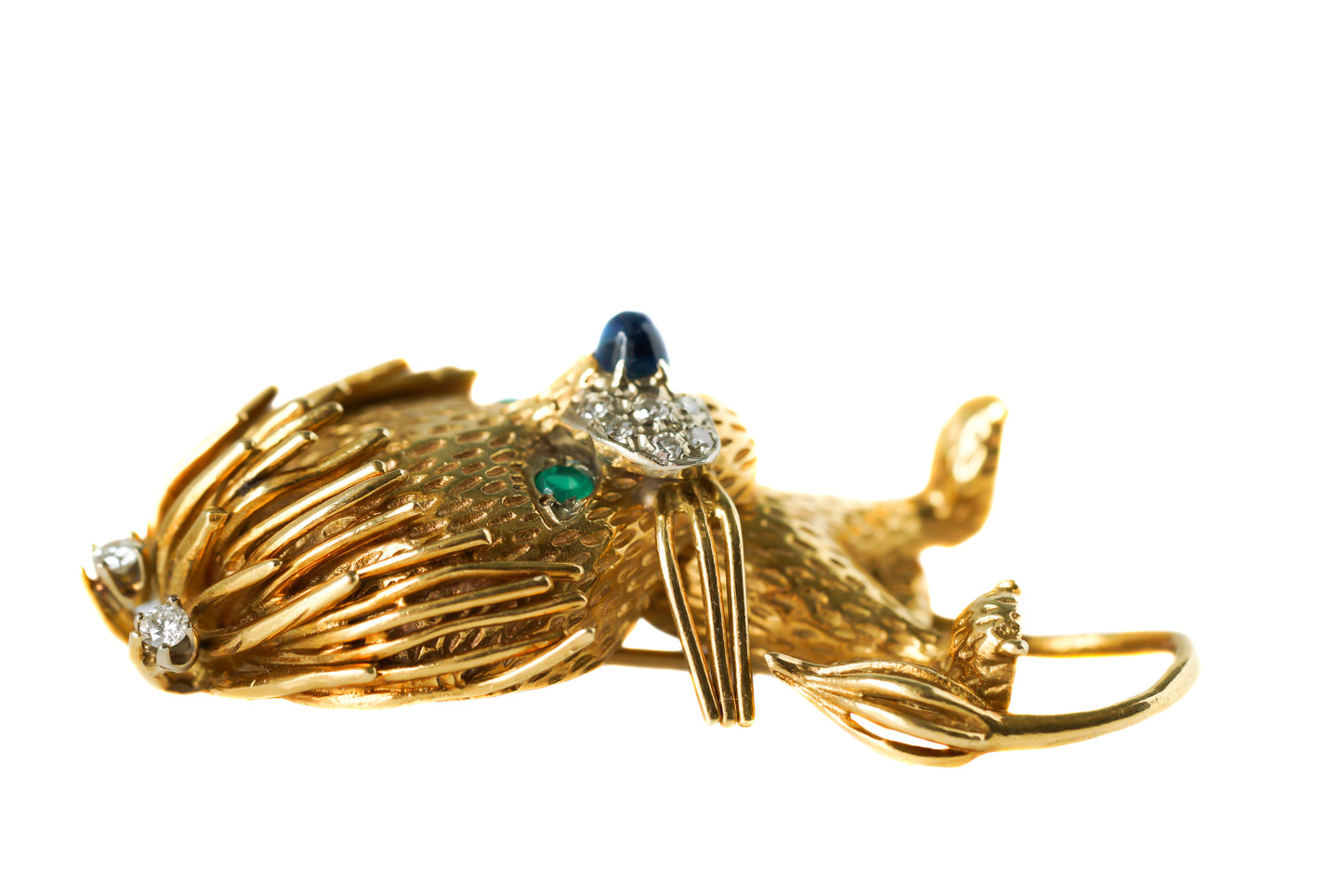 18k Gold Lion Brooch with Diamonds Emeralds Sapphires