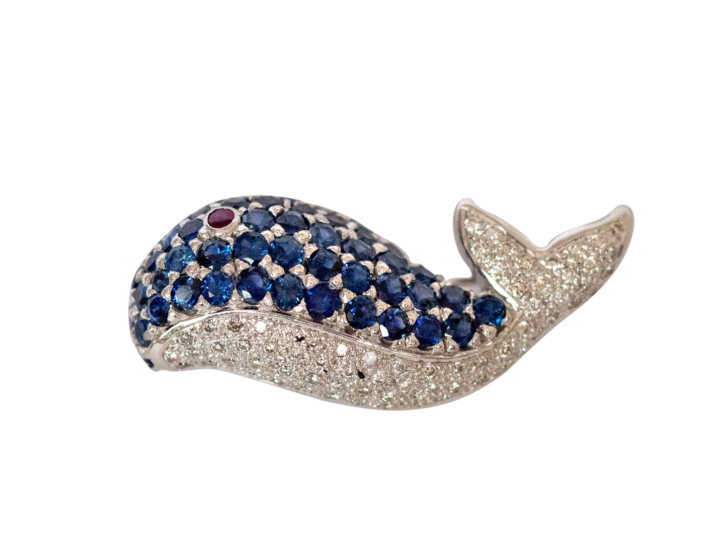 LeVian 18K White Gold Sapphire and Diamond Whale Pin