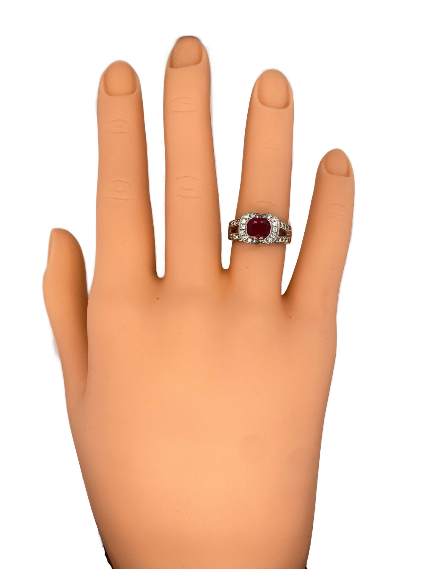 Circa 1990s French 1.20 Carat Oval Ruby and Diamond Ring in Platinum