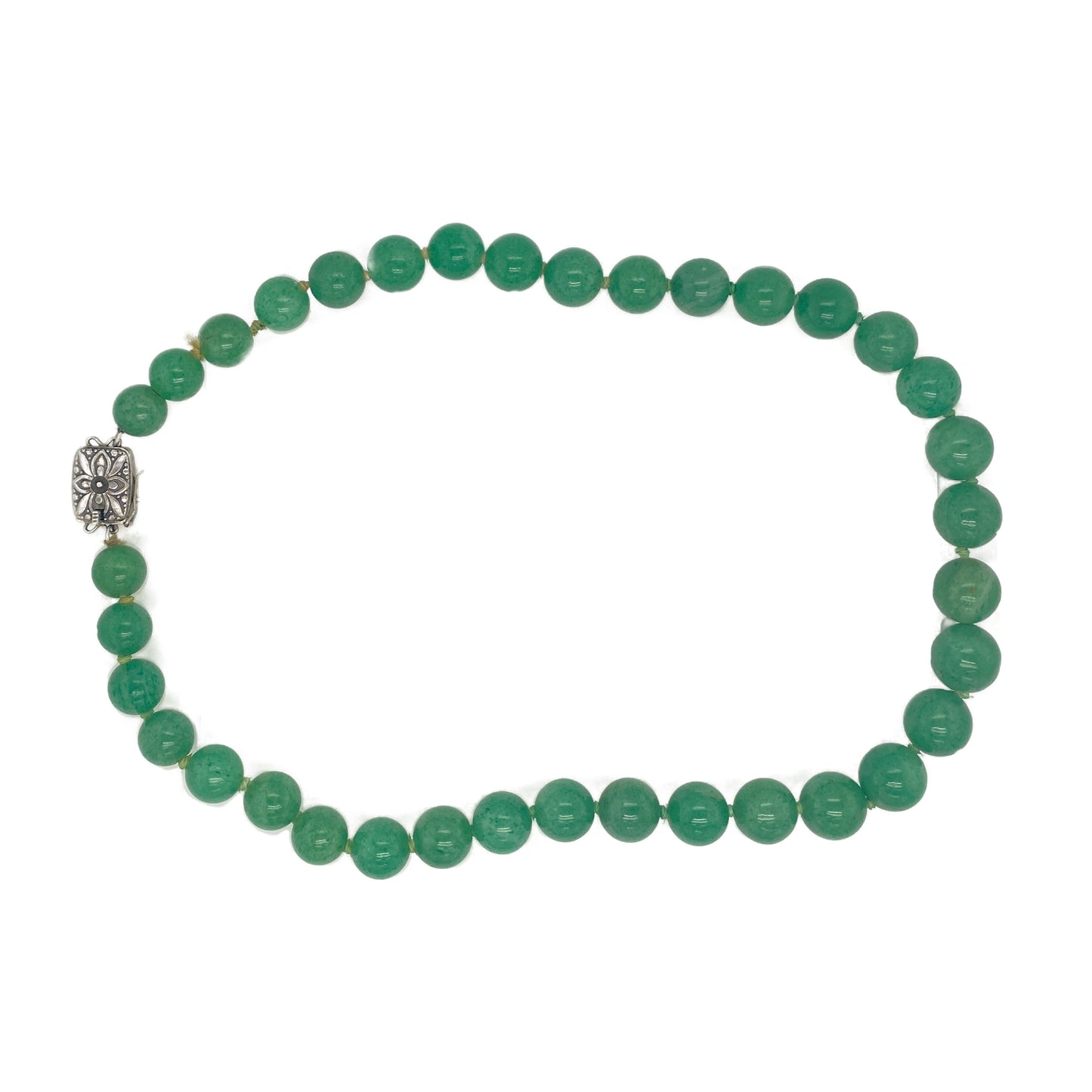 Mikimoto 1950s Green Chalcedony Bead Necklace with Silver Clasp