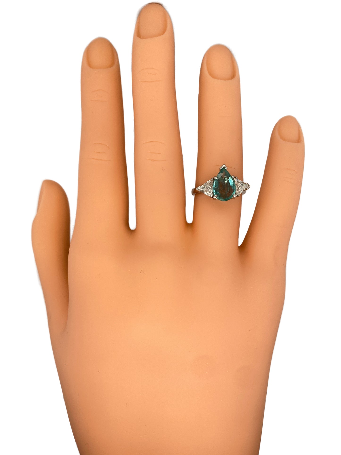 Circa 1980s 1.50 Carat Pear Cut Emerald and Diamond Three Stone Ring
