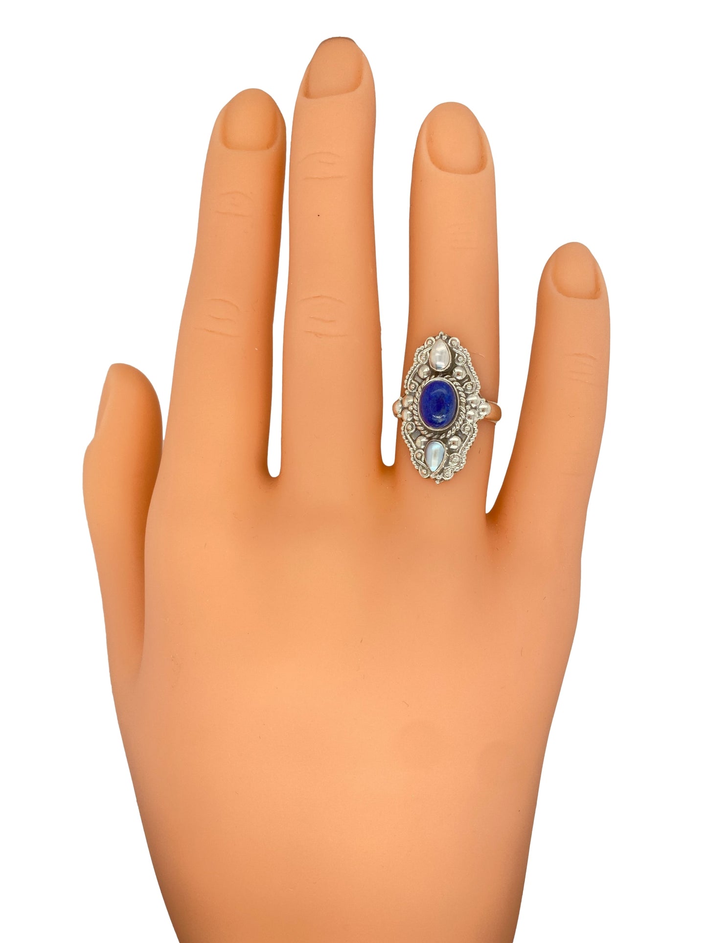 Circa 1990s Lapis Lazuli and Baroque Pearl Ring in Sterling Silver