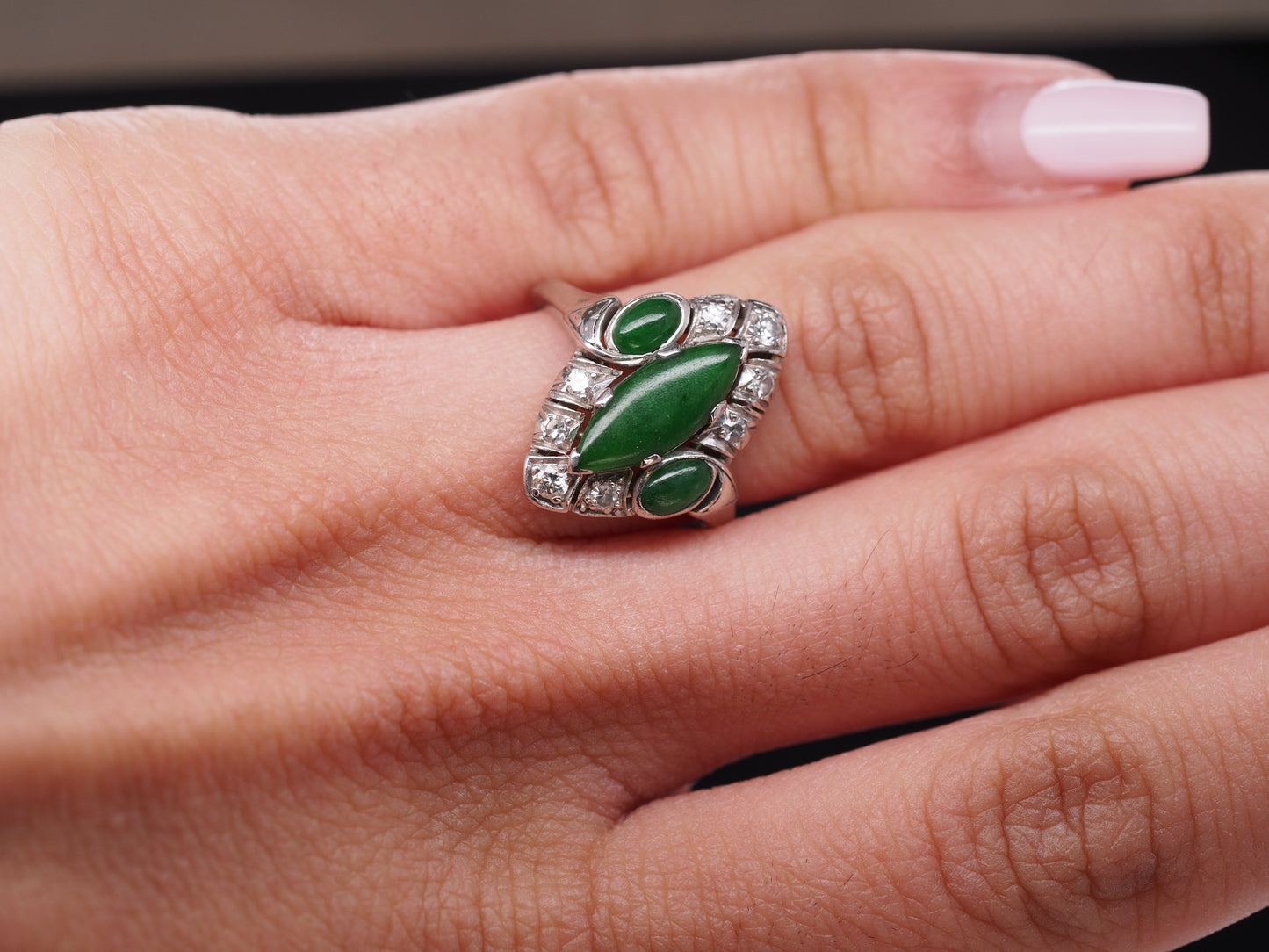 1940s Platinum Art Deco Jade and Diamond Ring