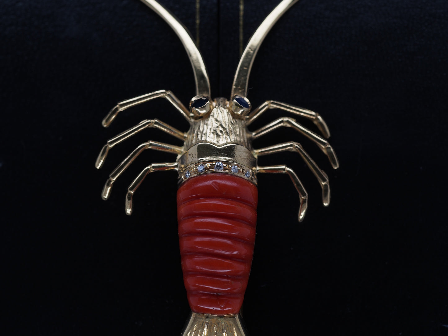 18K Yellow Gold Lobster Brooch with Coral, Diamonds and Sapphires