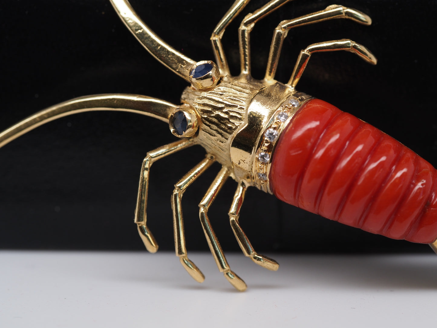 18K Yellow Gold Lobster Brooch with Coral, Diamonds and Sapphires