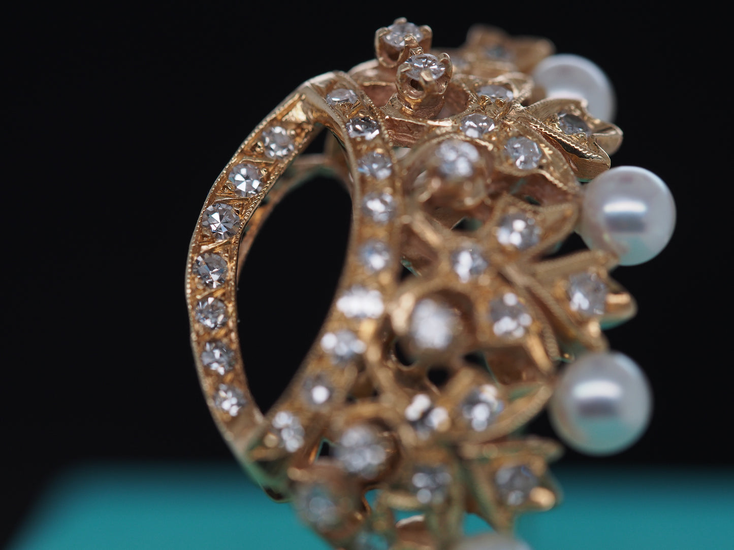 1950s 18k Yellow Gold Crown Diamond and Pearl Brooch