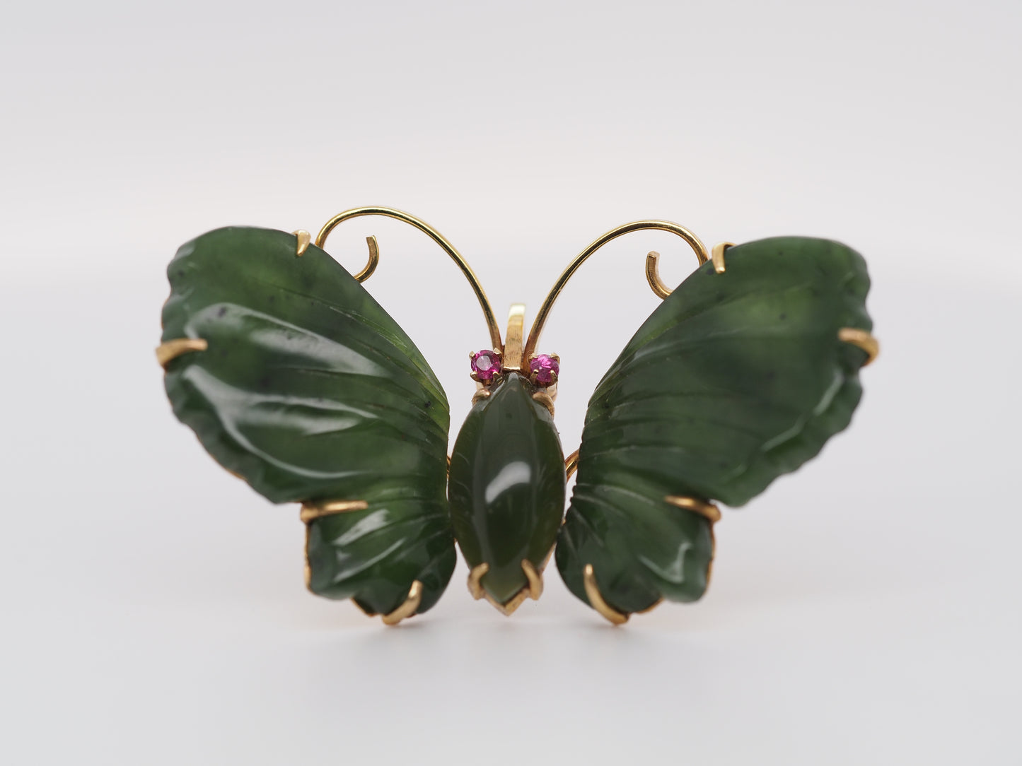 14K Yellow Gold Vintage Jade and Ruby Butterfly Brooch