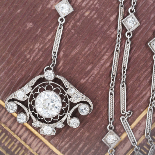 Platinum 1920s Art Deco “Diamond By The Yard” 1.50ct Old European Cut Diamond Pendant