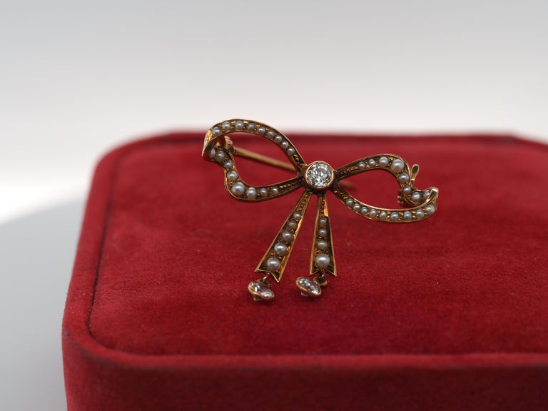 1900s 14K Rose Gold Pearl and Old European Cut Diamond Ribbon Bow Brooch