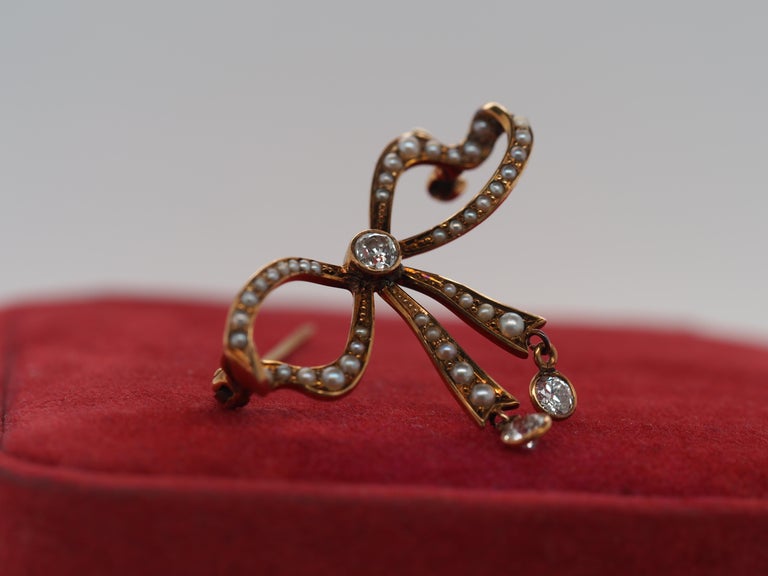 1900s 14K Rose Gold Pearl and Old European Cut Diamond Ribbon Bow Brooch