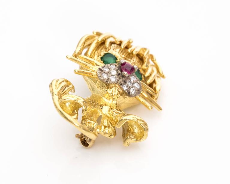 1950s 18K Gold, Diamond & Gemstone Lion Pin