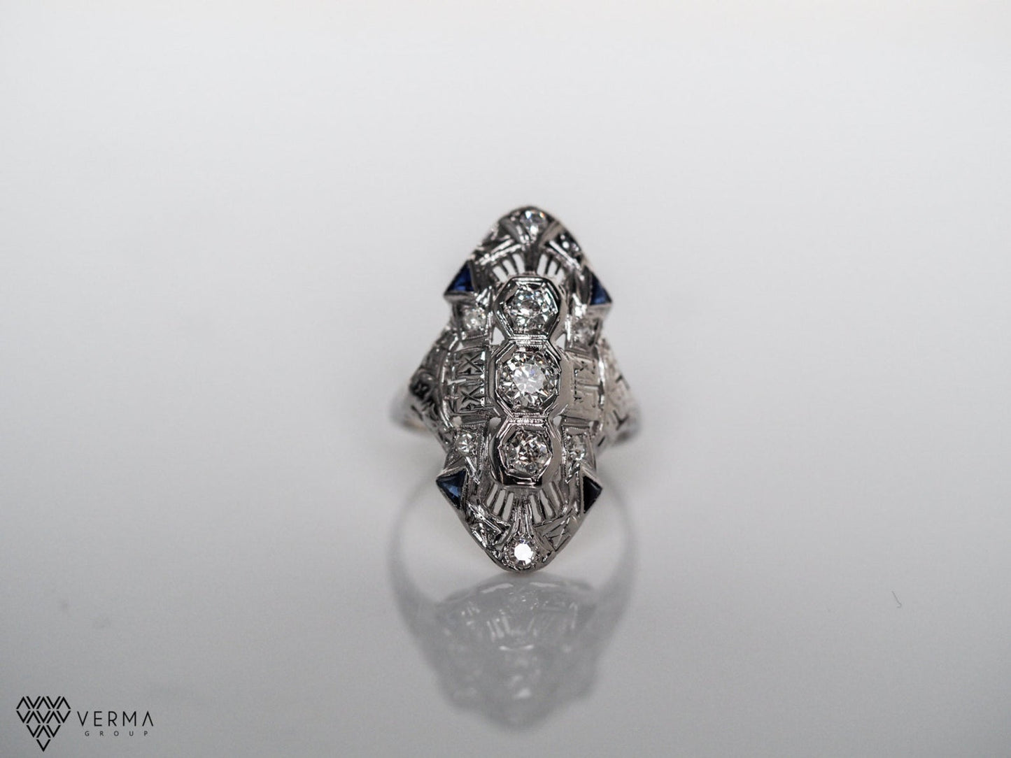 Circa 1920 - Art Deco 18K White Gold Antique Engagement Shield Ring with Sapphires and Old European Cut Diamonds - VEG#338