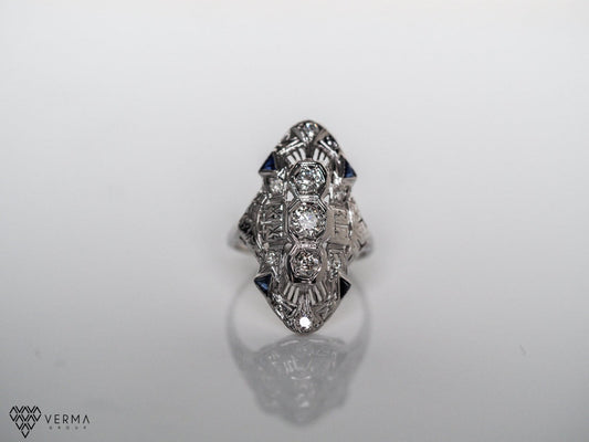 Circa 1920 - Art Deco 18K White Gold Antique Engagement Shield Ring with Sapphires and Old European Cut Diamonds - VEG#338