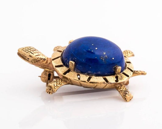 1970s 14K Yellow Gold, Lapis Lazuli Sea Turtle Pin