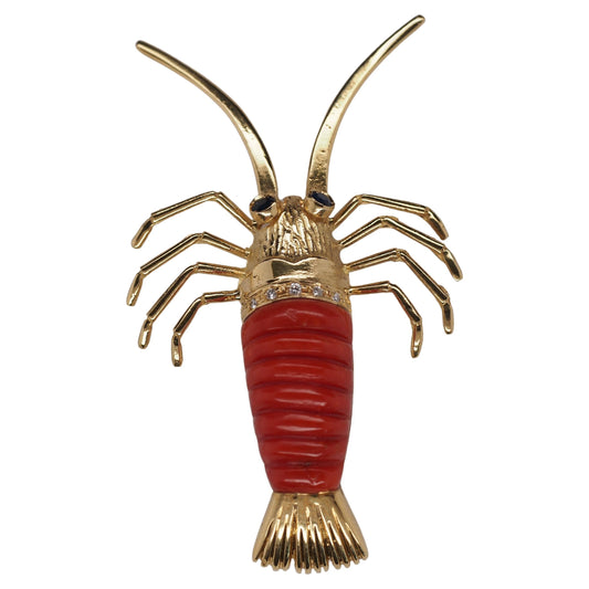 18K Yellow Gold Lobster Brooch with Coral, Diamonds and Sapphires