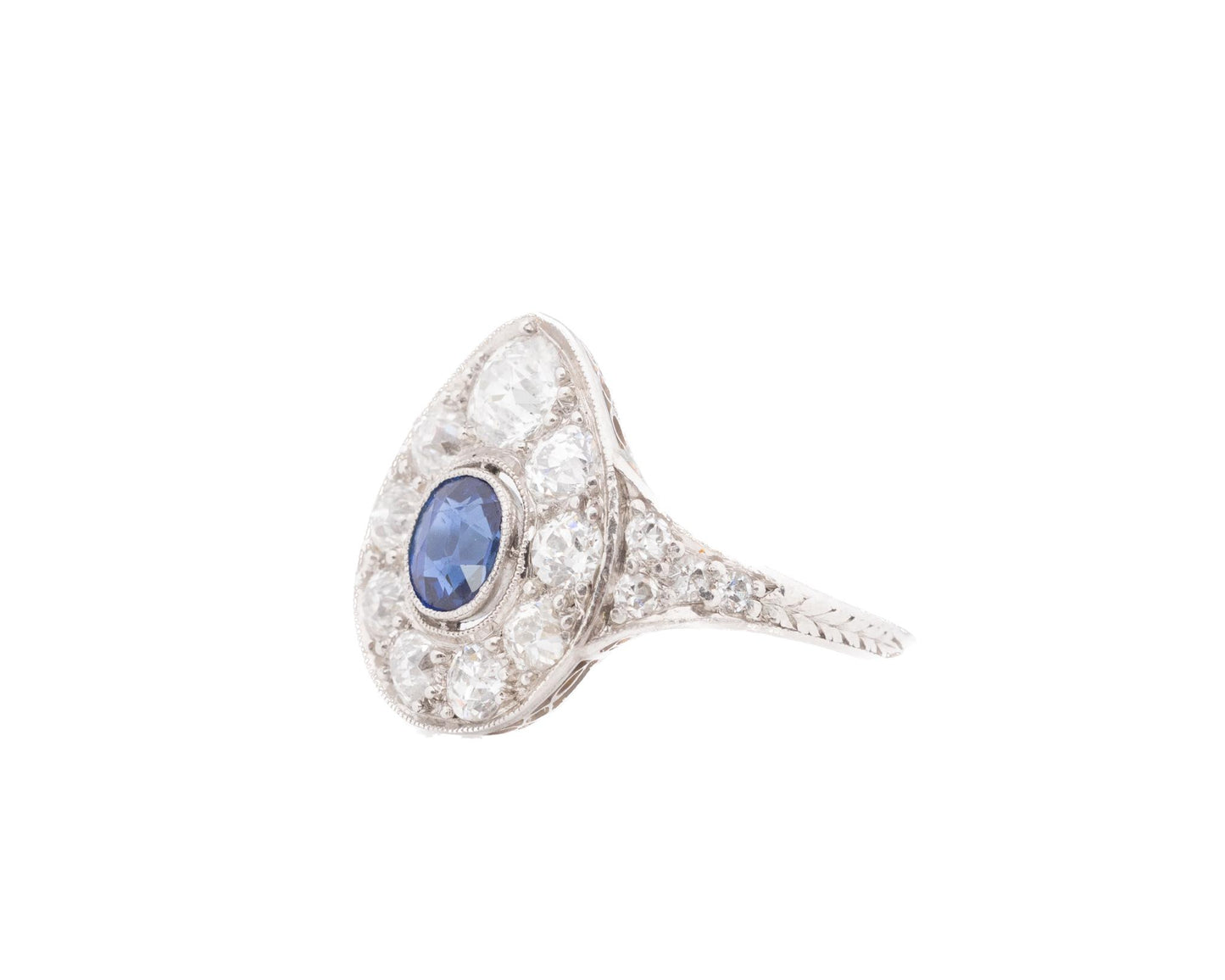 Circa 1926 Engraved Art Deco Unheated Sapphire and Diamond Ring
