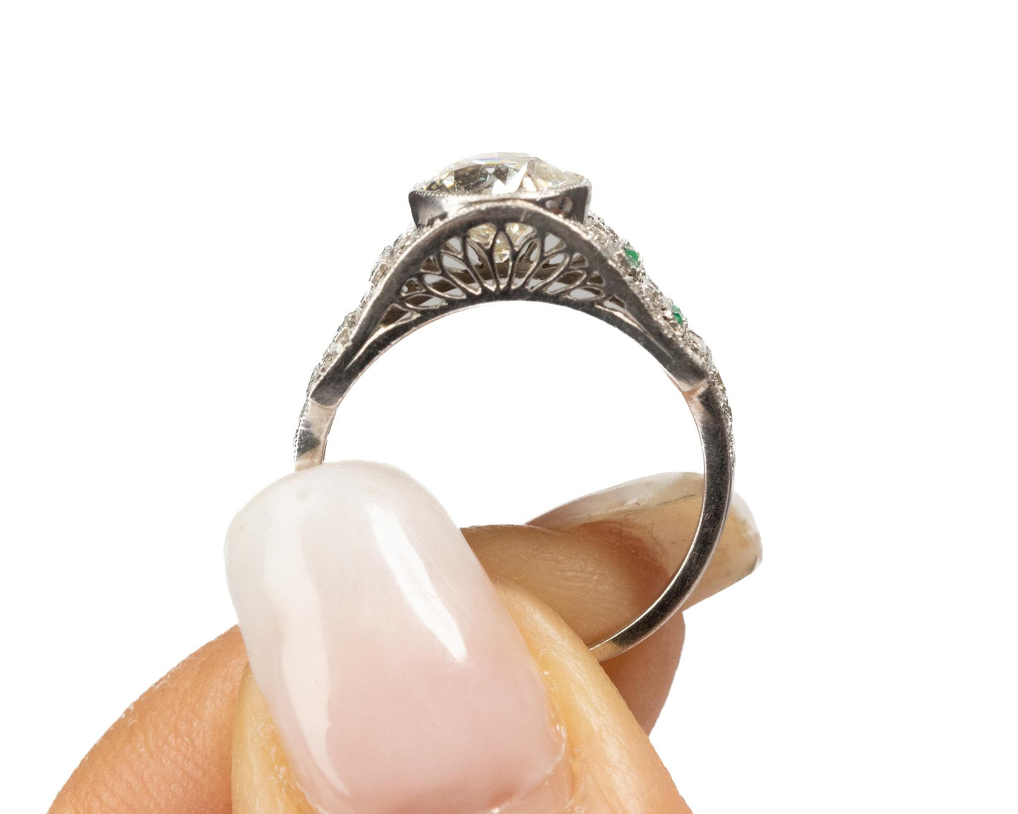 Circa 1920s Art Deco Emerald and Old European Diamond Engagement Ring