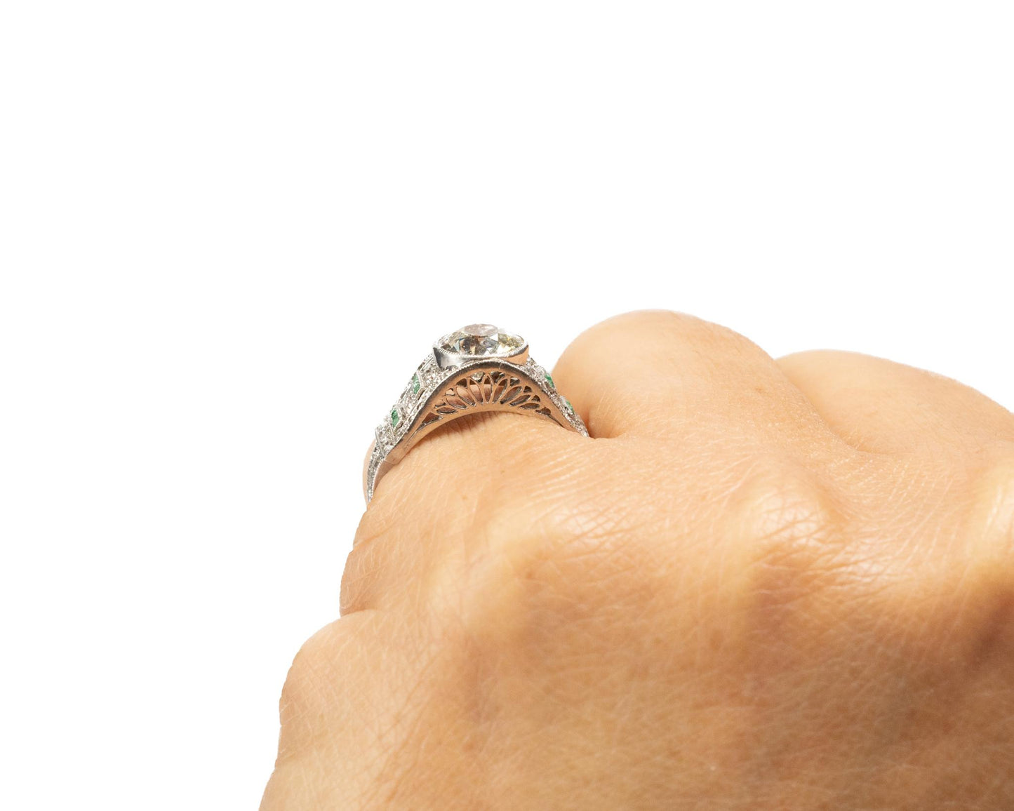 Circa 1920s Art Deco Emerald and Old European Diamond Engagement Ring