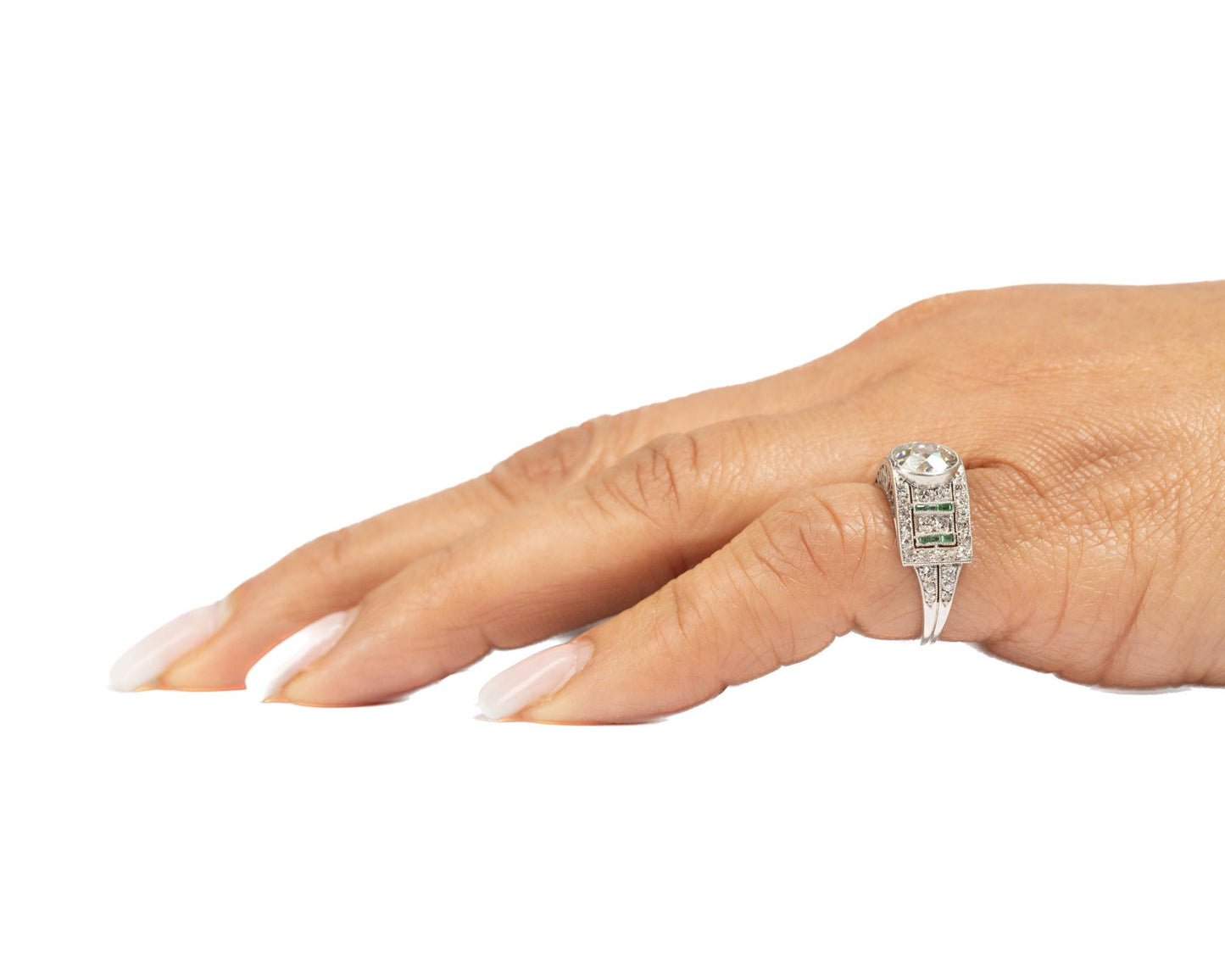 Circa 1920s Art Deco Emerald and Old European Diamond Engagement Ring