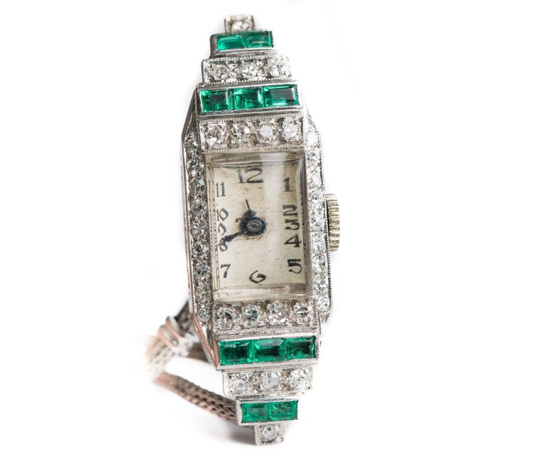 1920s Art Deco Platinum, Diamond & Emerald Watch
