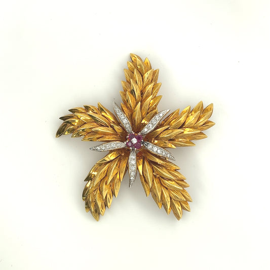 Tiffany & Co 18K Ruby and Diamond Flower Brooch